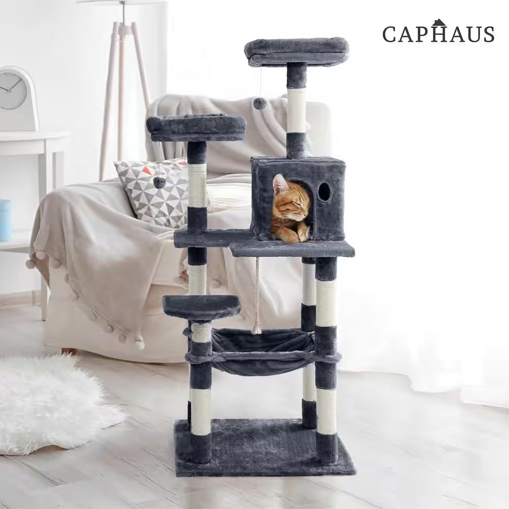 58 In. Dark Grey Cat Tower for Indoor Cats, Multi-Level Cat Activity Tree with Scratching Posts, Basket, Cave Condo