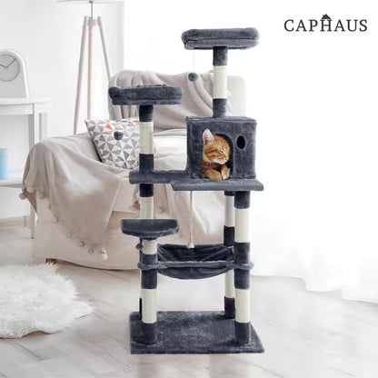 58 In. Dark Grey Cat Tower for Indoor Cats, Multi-Level Cat Activity Tree with Scratching Posts, Basket, Cave Condo