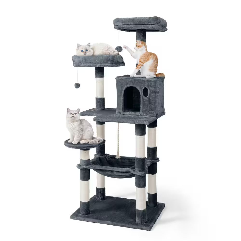 58 In. Dark Grey Cat Tower for Indoor Cats, Multi-Level Cat Activity Tree with Scratching Posts, Basket, Cave Condo