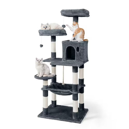 58 In. Dark Grey Cat Tower for Indoor Cats, Multi-Level Cat Activity Tree with Scratching Posts, Basket, Cave Condo