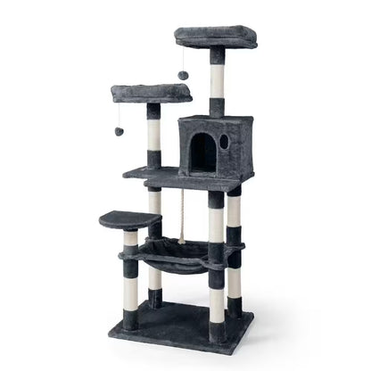 58 In. Dark Grey Cat Tower for Indoor Cats, Multi-Level Cat Activity Tree with Scratching Posts, Basket, Cave Condo