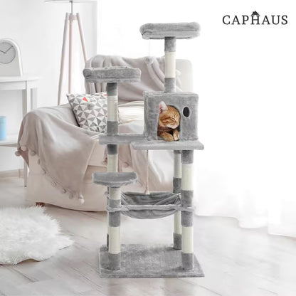 58 In. Dark Grey Cat Tower for Indoor Cats, Multi-Level Cat Activity Tree with Scratching Posts, Basket, Cave Condo