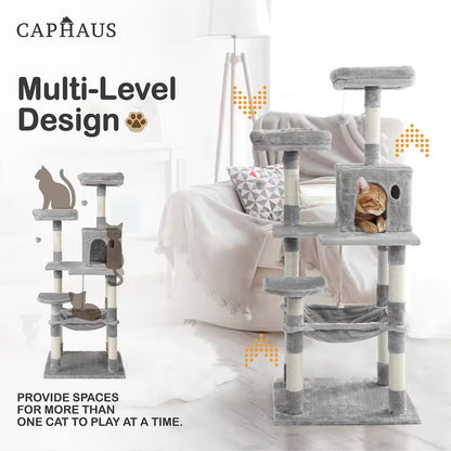 58 In. Dark Grey Cat Tower for Indoor Cats, Multi-Level Cat Activity Tree with Scratching Posts, Basket, Cave Condo