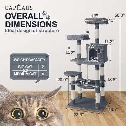 58 In. Dark Grey Cat Tower for Indoor Cats, Multi-Level Cat Activity Tree with Scratching Posts, Basket, Cave Condo
